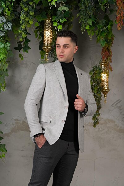 Sır Yünlü Mono Yaka Kaşmir Çift Yırtmaç 6 Drop Kışlık Erkek Tek Ceket Sr67502