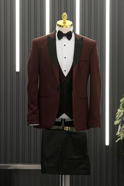 AKÇAYLAR Slimfit Dobby Dovetail Guler cu revere Vestă Papion Costum Tuxedo
