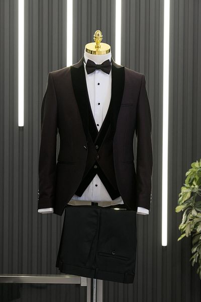 AKÇAYLAR Slimfit Dobby Dovetail Vestă cu guler din catifea Costum smoking cu papion