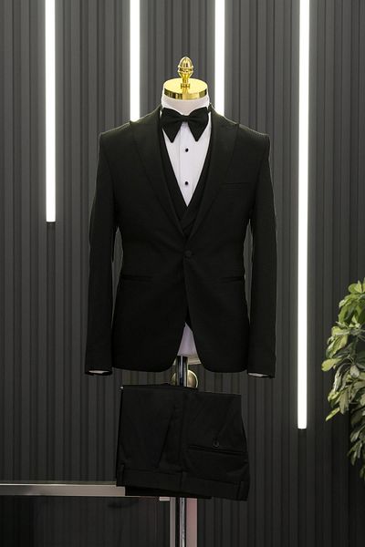 AKÇAYLAR Slimfit (Skinny Cut) Patterned Pointed Collar Tuxedo Suit with Vest and Bow Tie