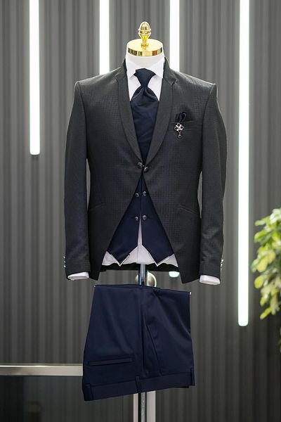 TORRES Costum smoking slimfit cu guler dominator, în carouri, cu croială simetrică, cu pantaloni evazați