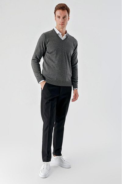 AKÇAYLAR Slimfit V-Neck Plain Basic Model Cotton Men's Long Sleeve Knitwear Sweater