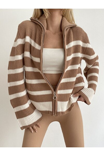 Lucax Zippered Striped Cardigan Beige-ecru - Sweater Cardigan