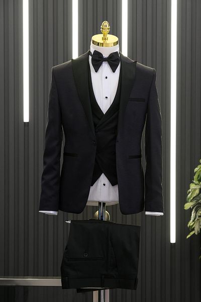 AKÇAYLAR Slimfit (Skinny Cut) Patterned Pointed Collar Tuxedo Suit with Vest and Bow Tie