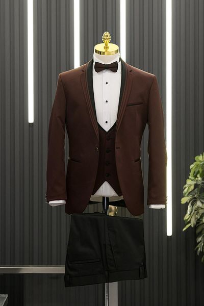 AKÇAYLAR Costum smoking cu papion cu vestă cu guler șal Dobby cu croială normală