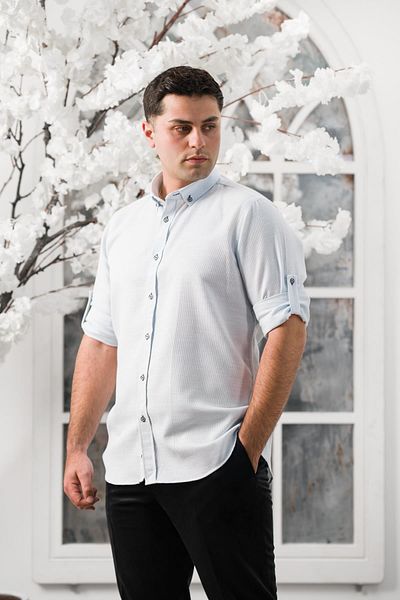 ADVANTE Cămașă pentru bărbați cu mânecă pliată Slimfit, cu guler Dobby, cu nasturi