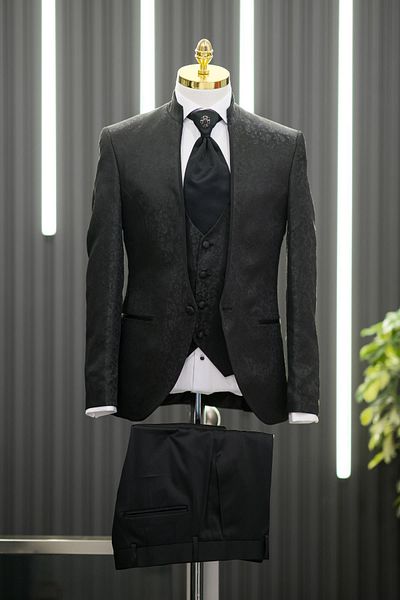 AKÇAYLAR Costum smoking cu model șal cu guler dominator, vestă slimfit, pantaloni evazați negri