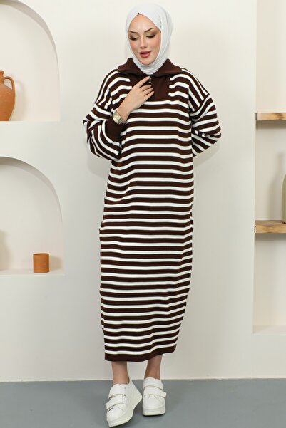 AVSARWEAR Μακρύ πλεκτό φόρεμα Hijab με ριγέ φερμουάρ