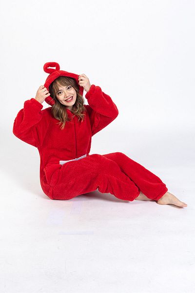 Meri Merimu Women's Neck Zippered Red Teletabi Model Jumpsuit Pajama Set