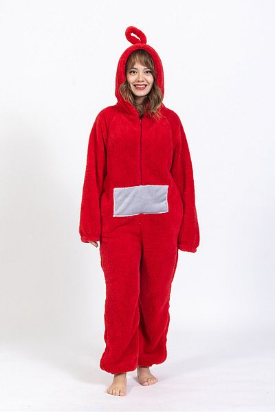 Meri Merimu Women's Neck Zippered Red Teletabi Model Jumpsuit Pajama Set