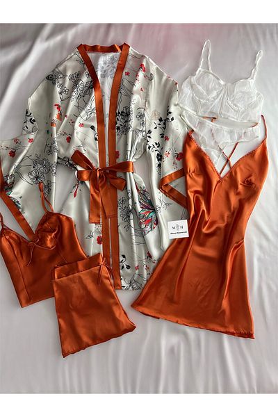 MH Moony Homewears Елитна сатенена нощница от 6 части, халат, пижама, комплект бельо, зестра