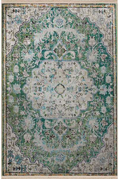 Rugs Modern Halı Yeşil Bej Temalı Geleneksel Motif Desenli Saçaklı Vintage De...