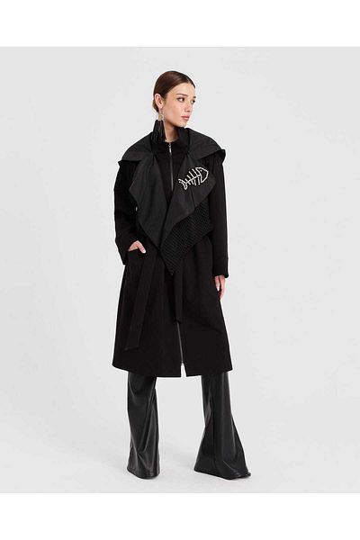 eski BLACK WOVEN FABRIC HOODED TRENCH - BLACK