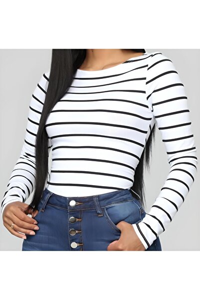 ÖZ PAMUK Kadın Fitilli %100 PAMUKLU Bisiklet Yaka Çizgili Örme Kaşkorse Uzun Kol CROP Bluz