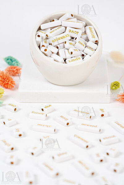 LANDOFACCESSORY 50 gr Plastik Karışık Kelime, Beyaz Üzeri Gold Kelime Boncuk ...