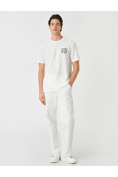 Koton Textured T-Shirt Embroidered Short Sleeve Crew Neck