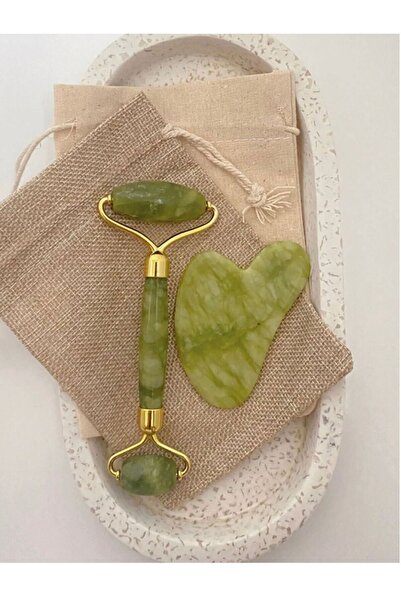 İBOVİA Yüz Bakım Taş Doğal Taş Yeşim Face Roller ve Yeşim Kalp Gua Sha Yüz Masaj Aleti