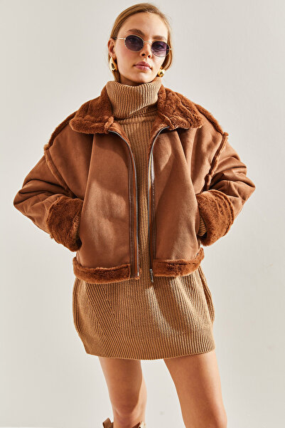 Bianco Lucci Dámský chlupatý semišový kabát s bočními kapsami