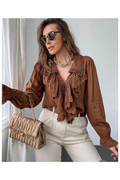 MELEK KOSTAK Kadın Acı Kahve Fırfırlı Bohem Güpür Ve Dantel Detaylı Volanlı Tasarım Pamuklu Bluz