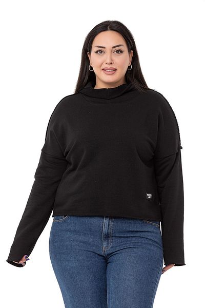 DISENTIS MODEST Plus Size Hooded Low Sleeve Filthy Stitched Three Thread Black Sweatshirt