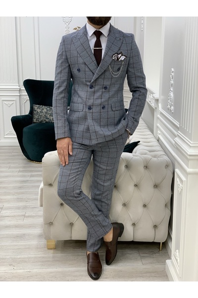 LONATOLİA Erkek Ekoseli Kruvaze Takım Elbise İtalyan Kesim Slim Fit Ceket Pantolon-Buz Mavisi