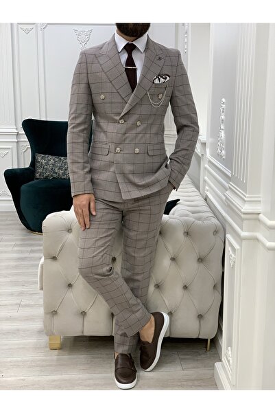 LONATOLİA Erkek Ekoseli Kruvaze Takım Elbise İtalyan Kesim Slim Fit Sütlü Kahve