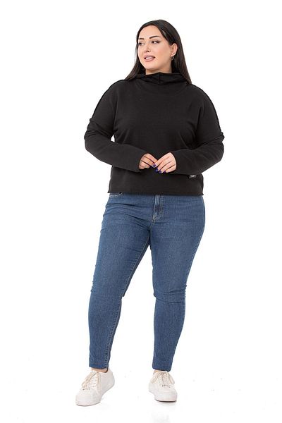 DISENTIS MODEST Plus Size Hooded Low Sleeve Filthy Stitched Three Thread Black Sweatshirt