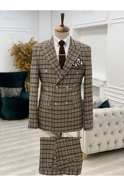 LONATOLİA Men's Plaid Double Breasted Suit Italian Cut Slim Fit Jacket Trousers-Coffee