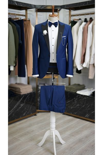 LONATOLİA Men's Belted Tuxedo Groom Suit Satin Swallow Collar Italian Cut Slim Fit-Sax Blue