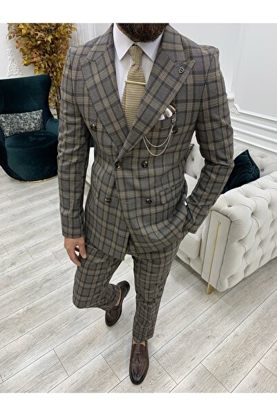 LONATOLİA Erkek Ekoseli Kruvaze Takım Elbise İtalyan Kesim Slim Fit Ceket Pantolon-Acı Kahve