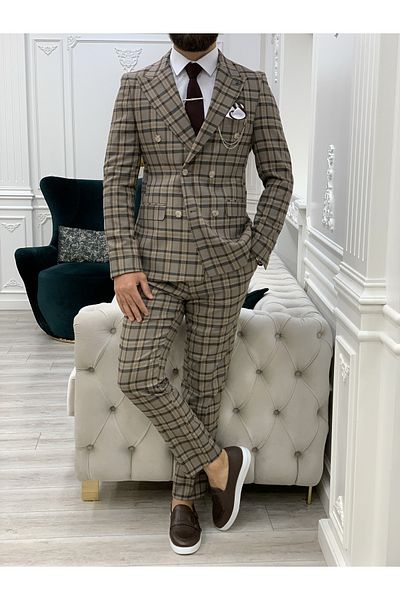 LONATOLİA Men's Plaid Double Breasted Suit Italian Cut Slim Fit Jacket Trousers-Coffee