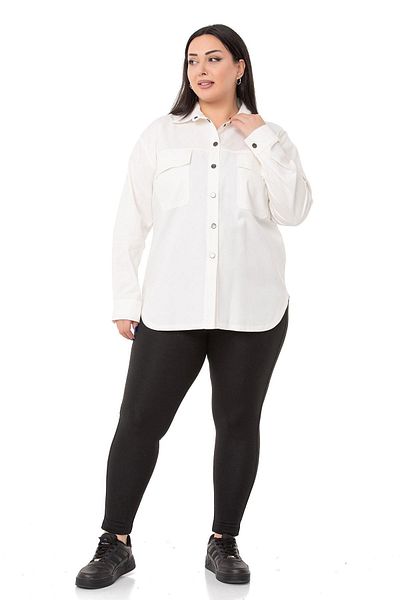DISENTIS MODEST Plus Size Flap Pocket Snap Gabardine White Jacket Shirt