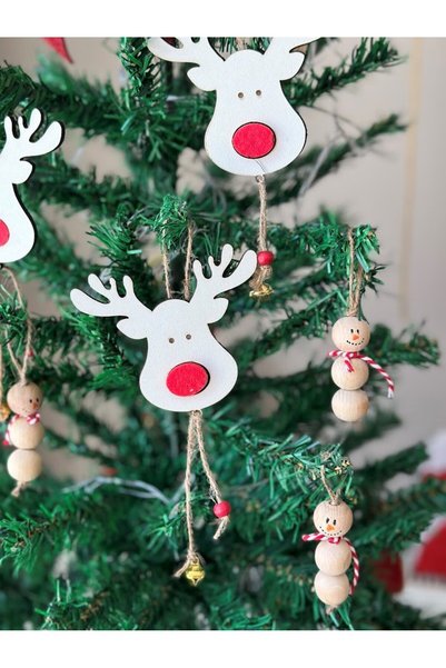 Denseden Wooden Christmas Tree Ornament with Deer Head Figure and Bell and String 3 Pieces