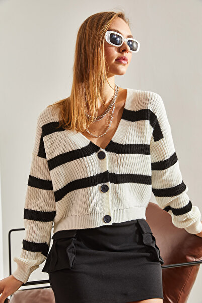 Bianco Lucci Dámský proužkovaný pletený svetr na tři knoflíky