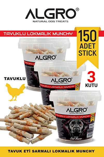 Algro %100 Tavuk Göğüs Etli Lokmalık Munchy Stick 50 adet kapaklı kova ambalajda 3 kutu