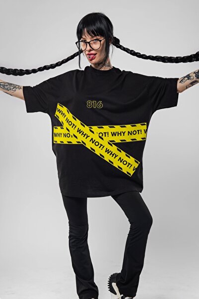 Bak Moda لماذا لا!تي شيرت أسود مطبوع للجنسين