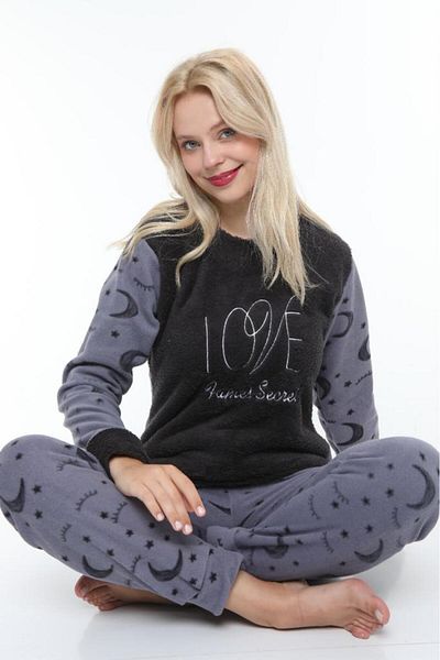 FAMES PİJAMA Winter Wellsoft Fleece Women's Pajama Set Anthracite Gray Love