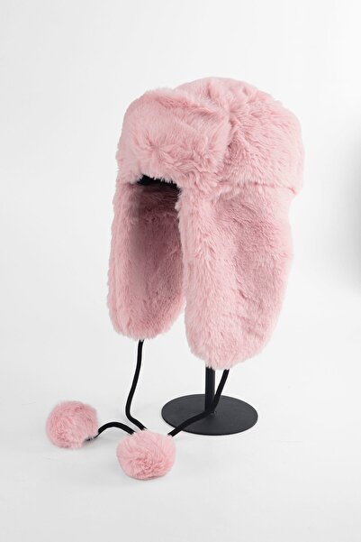 Kapin Suni Kürk Pembe Peluş Şapka - Kulaklı Pliot Şapka