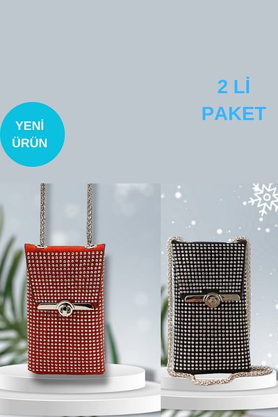 madamlina Pack of 2 New Year's New Year's Gift Women's Shiny Rhinestone Chain Shoulder Strap Phone Bag Wallet