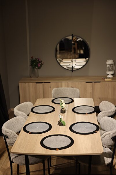 jute craft Dekoratif Jüt Gri&Siyah Renk Yuvarlak Düz Model Supla&Amerikan Servis 6 Adet Set