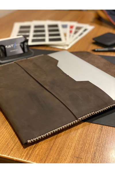 MAT Deri Macbook Bag 14 Inch Macbook Pro Compatible Handmade Brown Nubuck Genuine Leather Case