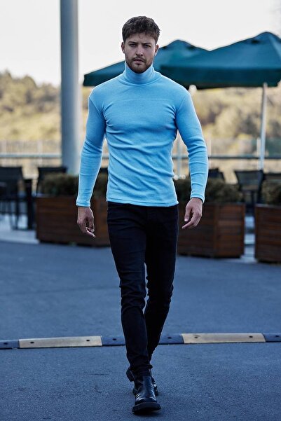 Buteks Unisex Premium Kalın Bebe Mavi Şardonlu Slim Fit Balıkçı Yaka Boğazlı Kazak