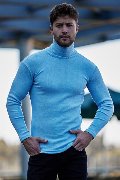 Buteks Pulover unisex premium gros, albastru bebeluș, cu croiala subțire, cu gât roscat