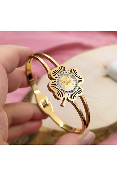 RAHSHINE 14k Altın Kaplama Tuğralı Çelik Kelepçe Bilezik | Kuyumcu Model Çelik Kelepçe Bilezik