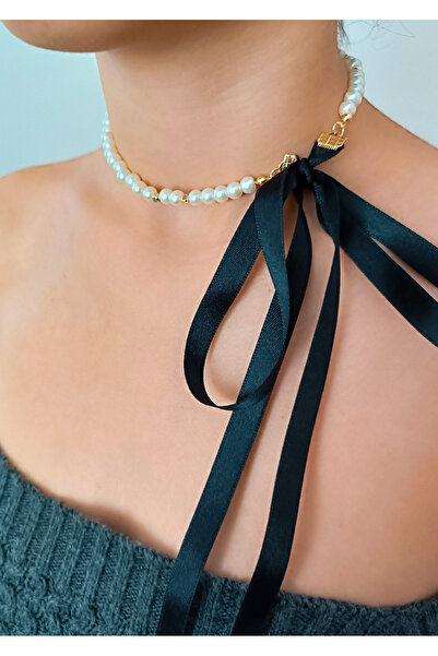 Women's Pearl Choker, Choker with Ribbon, Rose Choker Necklace