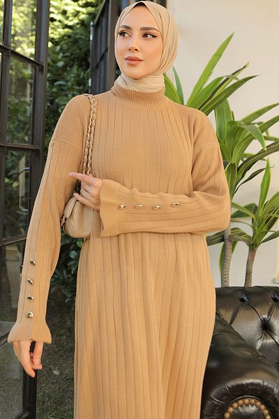 benguen 23009 Frilly Knitwear Dress Camel