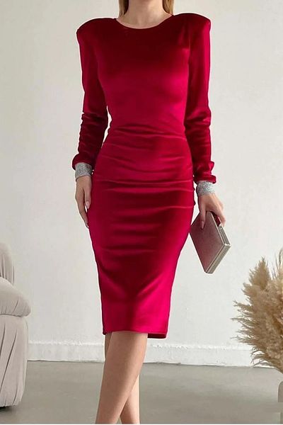 WOMAN VISION Rochie midi roșie din catifea pentru femei cu detaliu de piatră pe mâneci și umerii căptușiți582313
