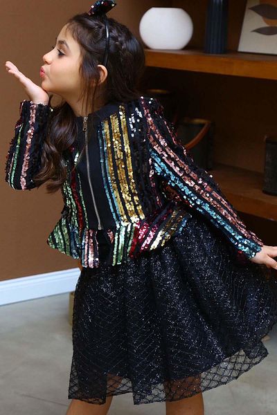 Riccotarz Girl's Sequin Detailed Jacket and Fluffy Tulle Black Skirt Set