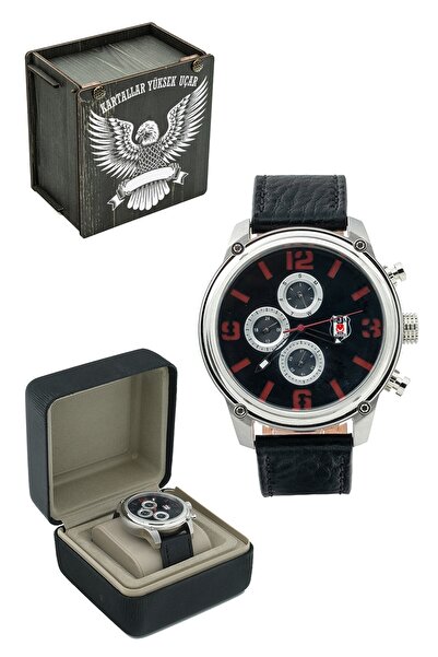 Beşiktaş Orijinal Multifonksiyon Erkek Kol Saati Siyah Deri Kordonlu Hediyelik Ahşap Kutu