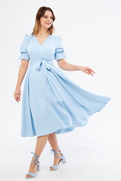 Bidoluelbise Baby Blue με διπλό γιακά με κοντό μανίκι και ελαστικό φόρεμα μίντι μήκους